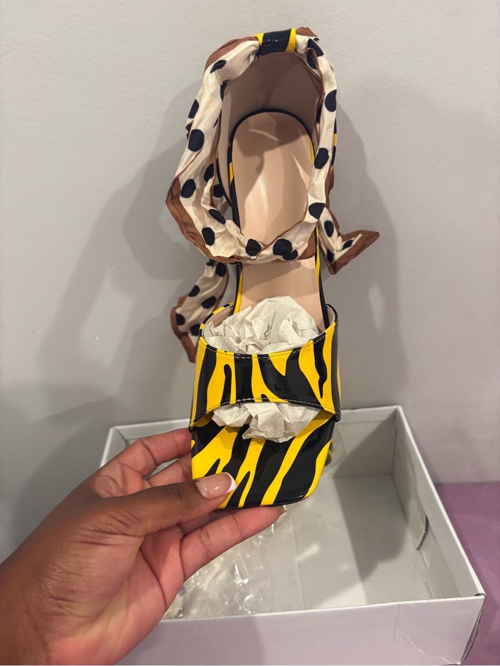 Others Follow Yellow & Black Striped Ankle-Tie Heel with Polka Dot Wrap